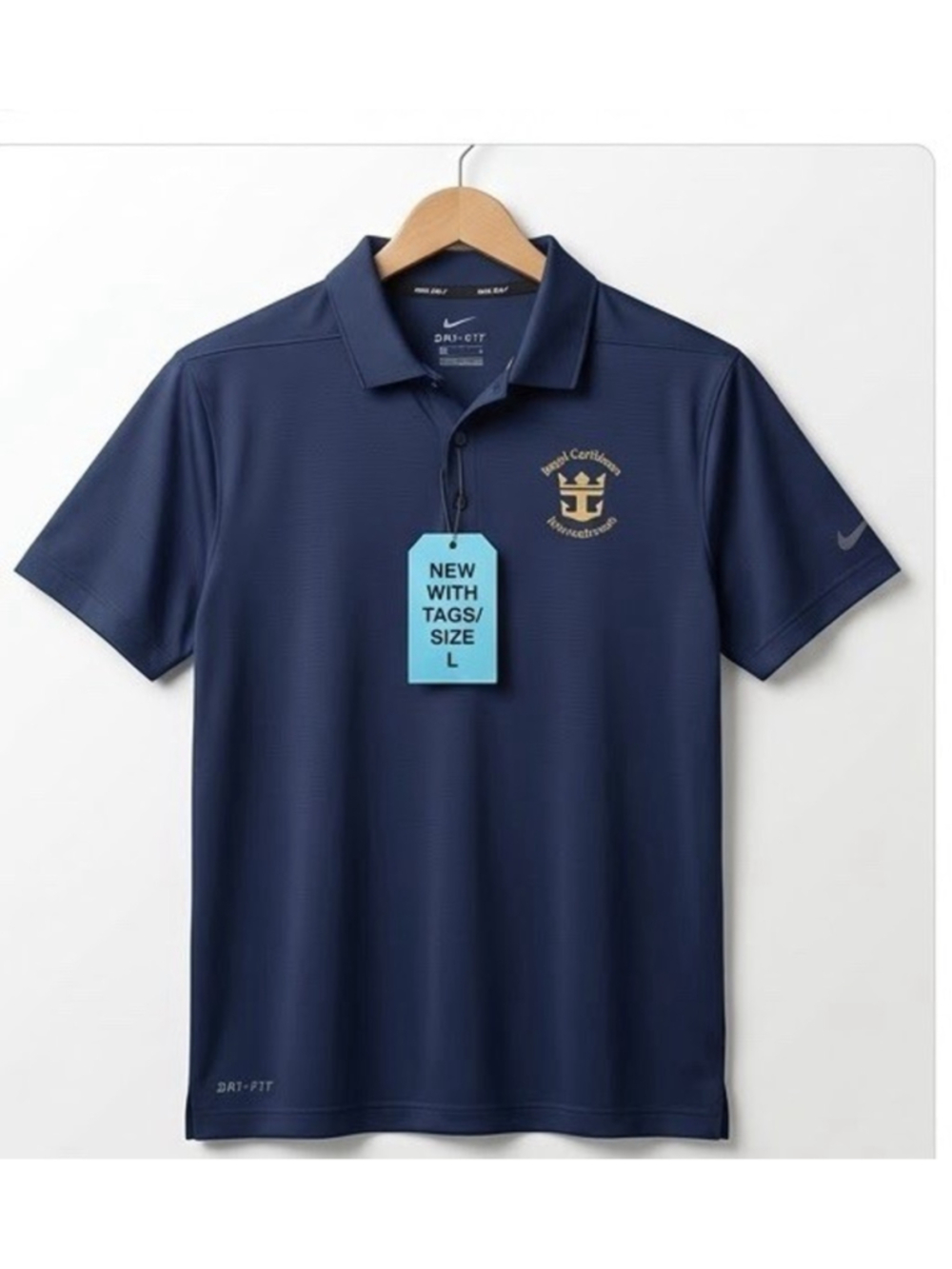 NWT Nike Golf Polo Shirt Large Navy Blue Royal Caribbean Logo Mens Dri-FIT